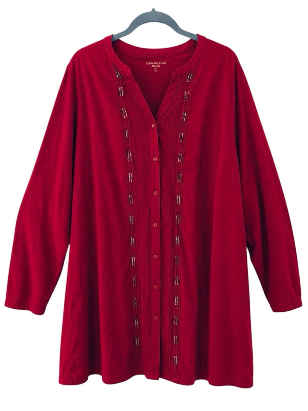 Coldwater Creek Women’s Plus 3X Red Embellished Pintuck 100% Cotton Tunic